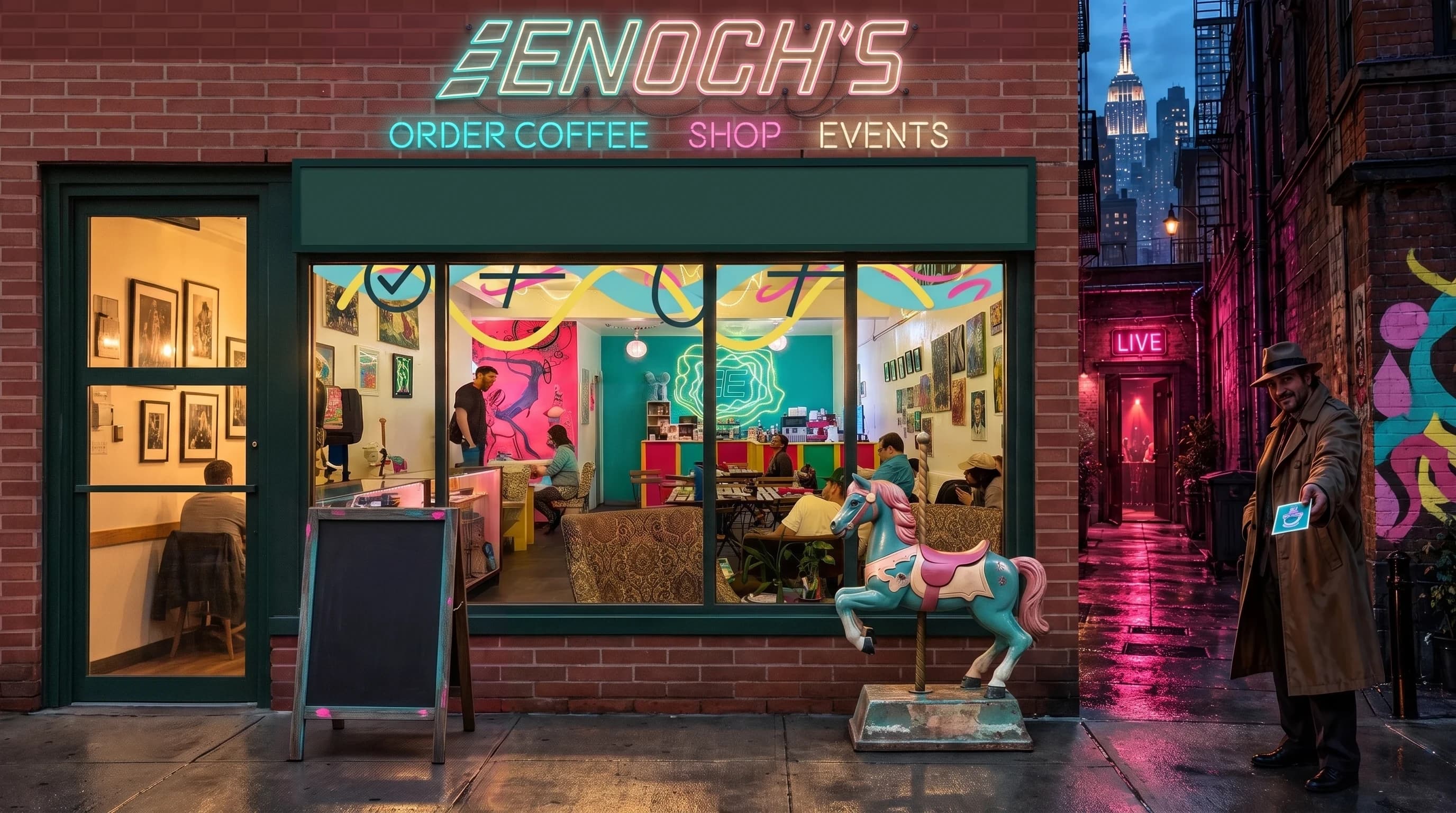 Photorealistic café scene with glass-tube neon signage mounted on exposed brick, colorful windows, an art-filled interior, a sandwich board, a teal-and-pink carousel horse, and a friendly trenchcoat regular in the alley