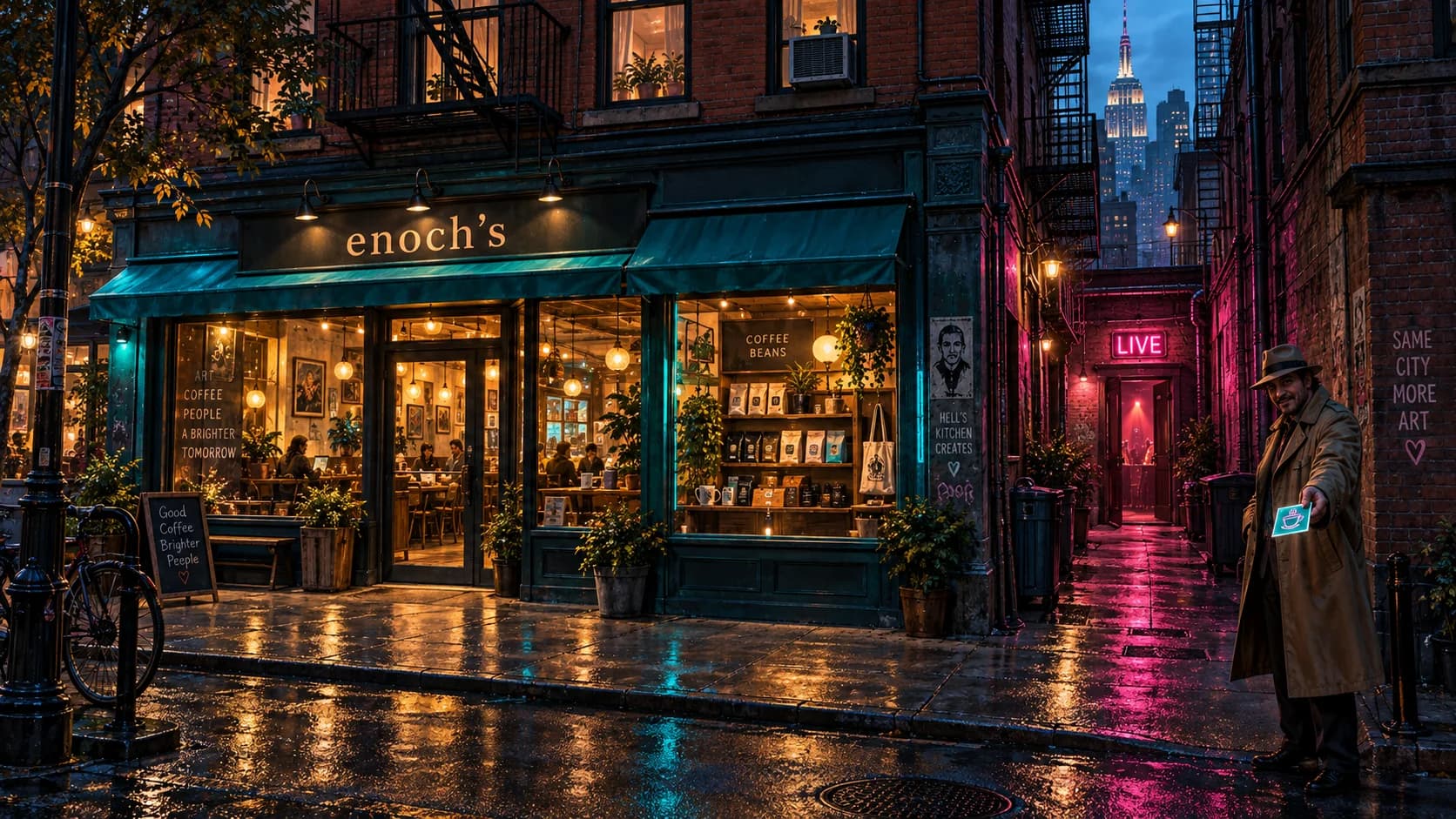 A smiling mysterious regular in a large trenchcoat and wide-brimmed hat offers a coupon in a New York alley
