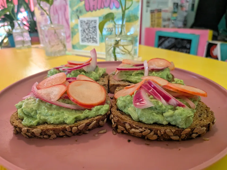 Avocado toast photographed at Enoch’s cafe