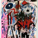 Self-portrait:Man in the city; acrylics, spray paint, on stretched canvas; artist- kevin paul giordano